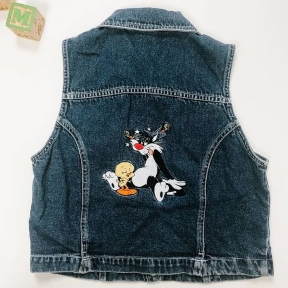 VTG Warner Bros Studio Store Kids Looney Tunes Sylvester Tweety Denim Vest XL